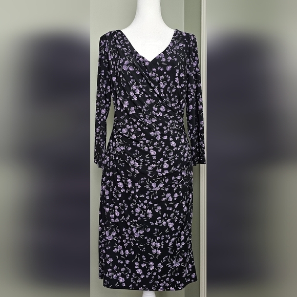Chaps Dresses & Skirts - NWOT Chaps Floral Ikat Surplice Dress MEDIUM BLACK with LAVENDER FLORAL